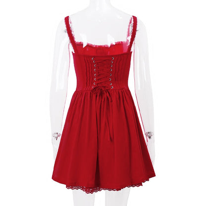 Red Corset Strap Frill Mini Dress