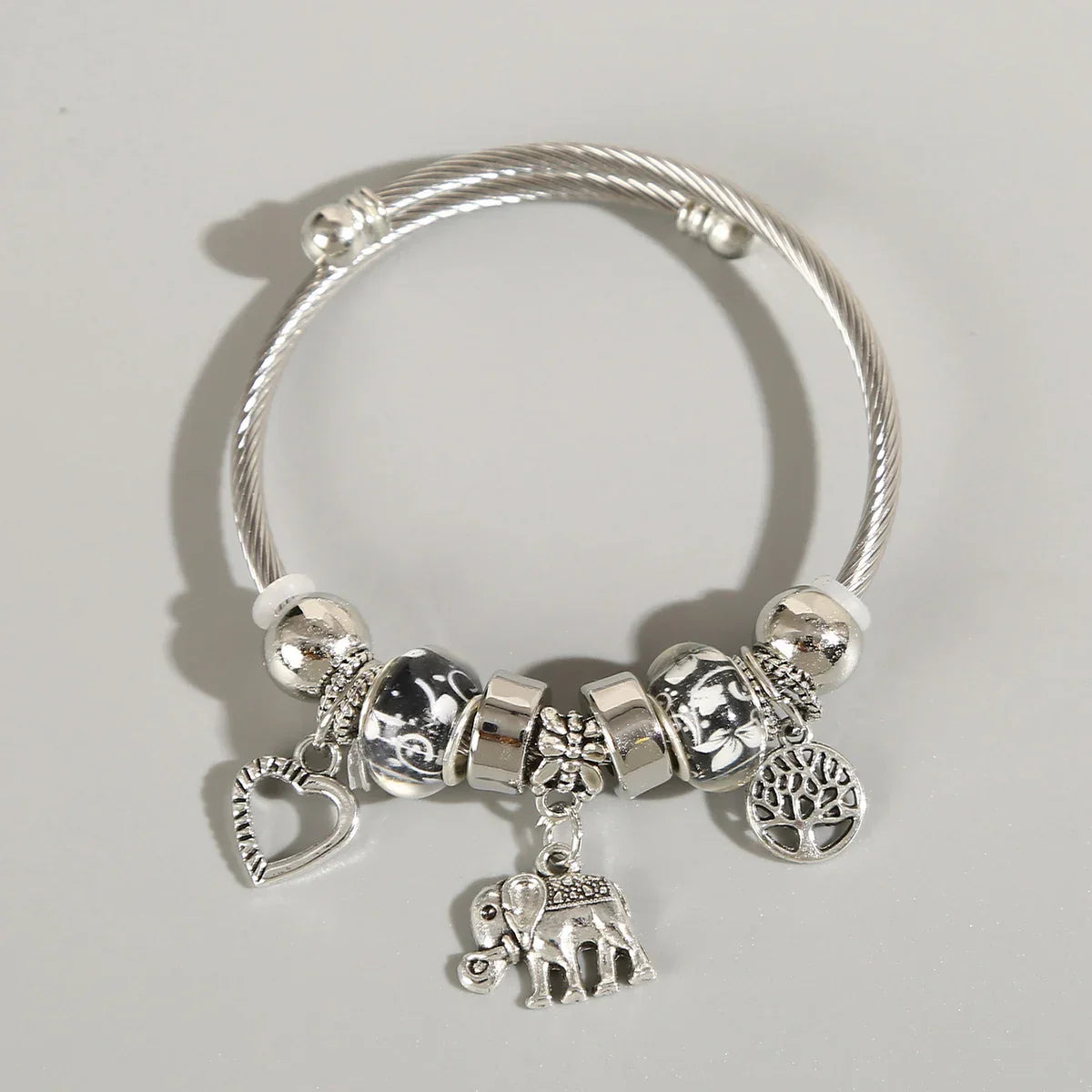 Silver Elephant and Heart Tree Charm Cuff Bracelet for Women
