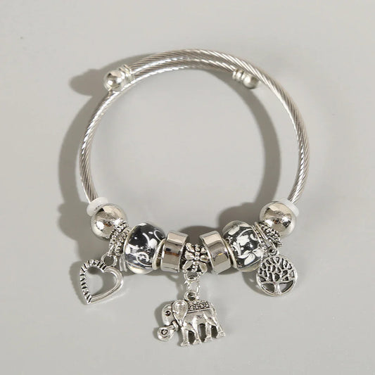 Silver Elephant and Heart Tree Charm Cuff Bracelet for Women