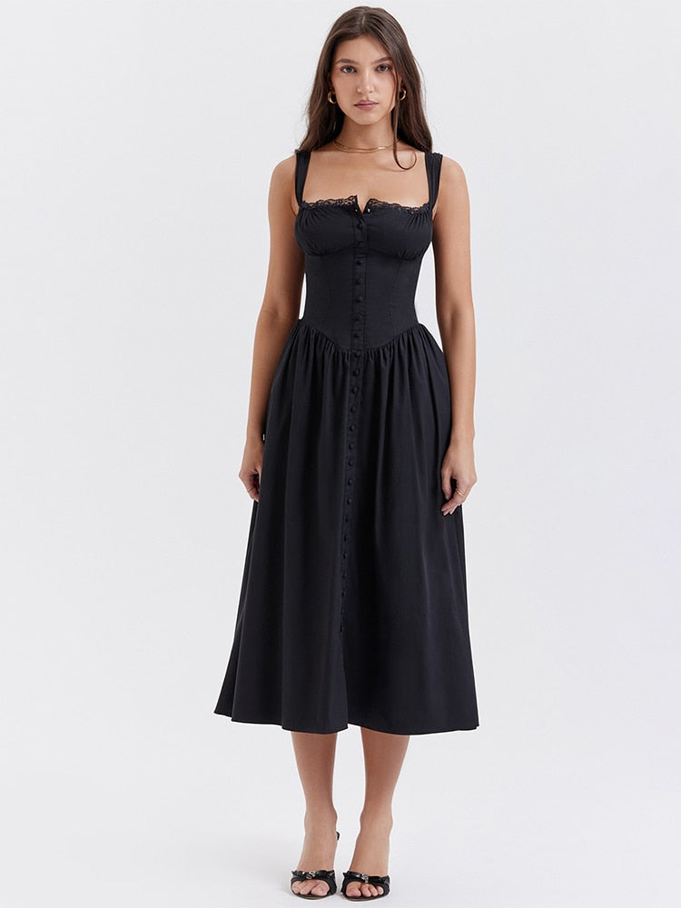 Strappy Corset Flowy Midi Dress With Pocket