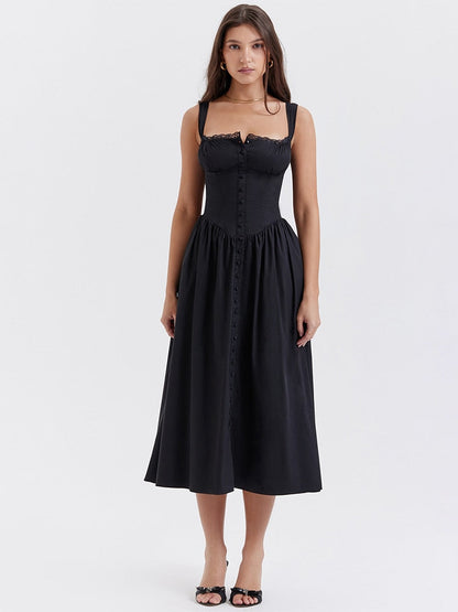 Strappy Corset Flowy Midi Dress With Pocket