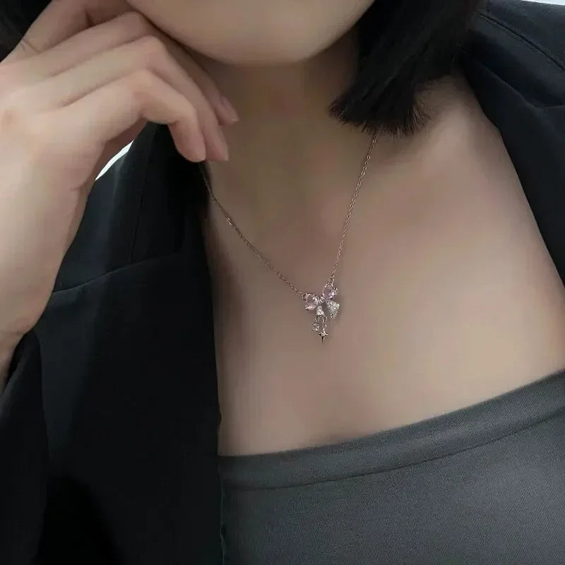Pink Crystal Bow Pendant Necklace for Women