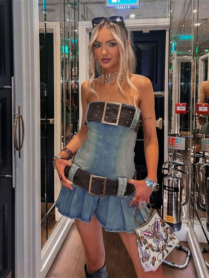 Denim Large Belt Design Tube Mini Dress