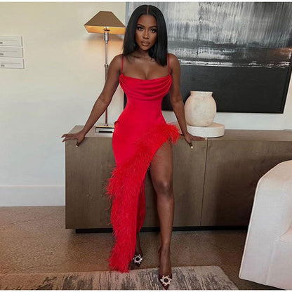 Red Strap Feather Slit Trim Midi Dress