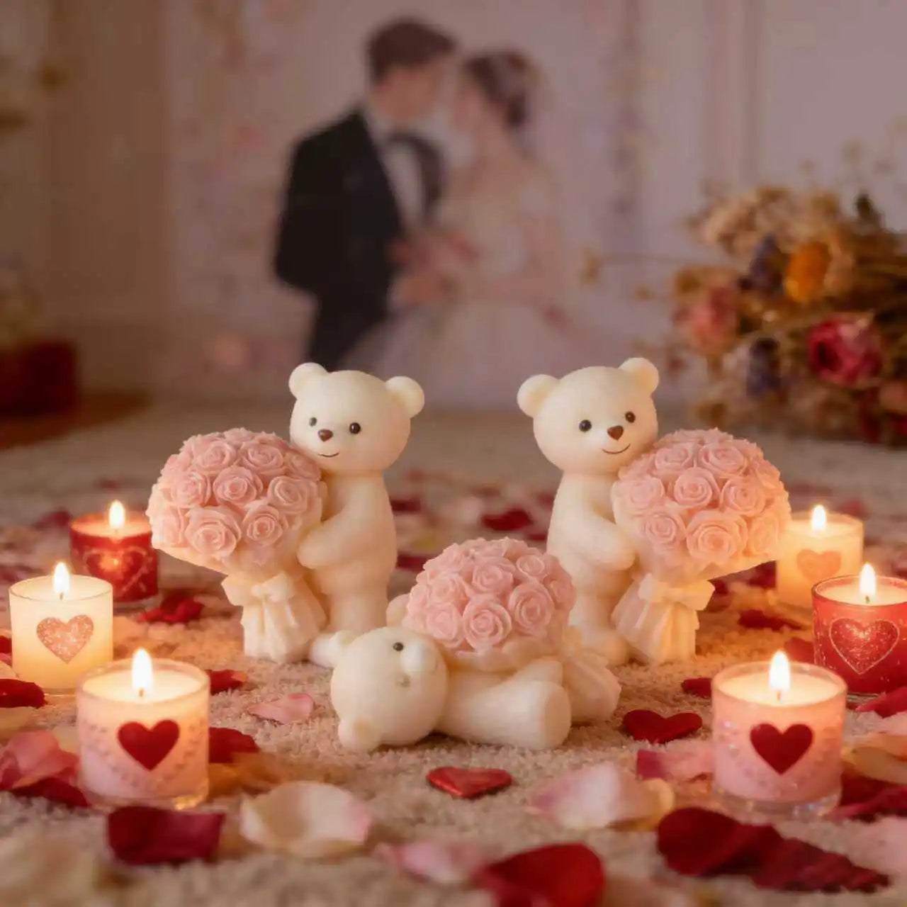Teddy Bear Holding Rose Bouquet Silicone Mold - Romantic Candle and Resin Casting for Valentine's Day