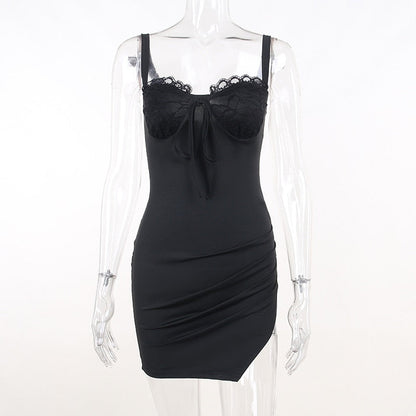 Black Lace Bustier Tie-Up Strap Mini Dress