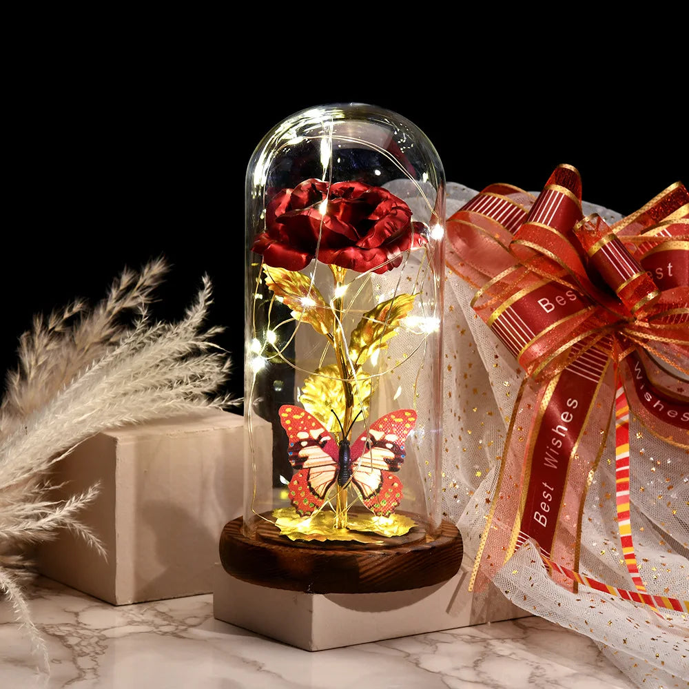 Red LED Rose in Glass Dome - Romantic Gift for Her