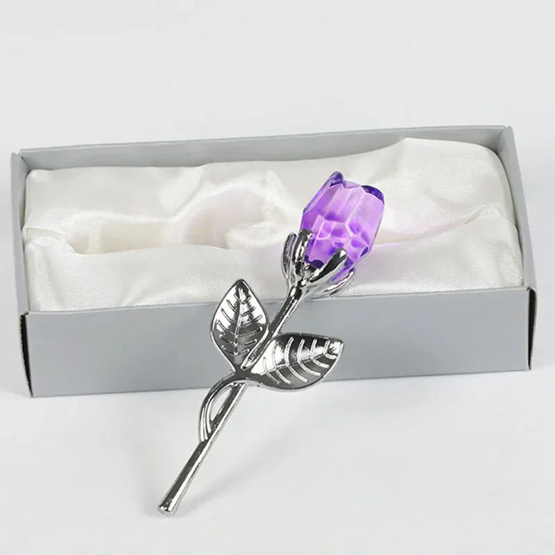 Crystal Glass Rose with Silver or Gold Rod - Romantic Gift