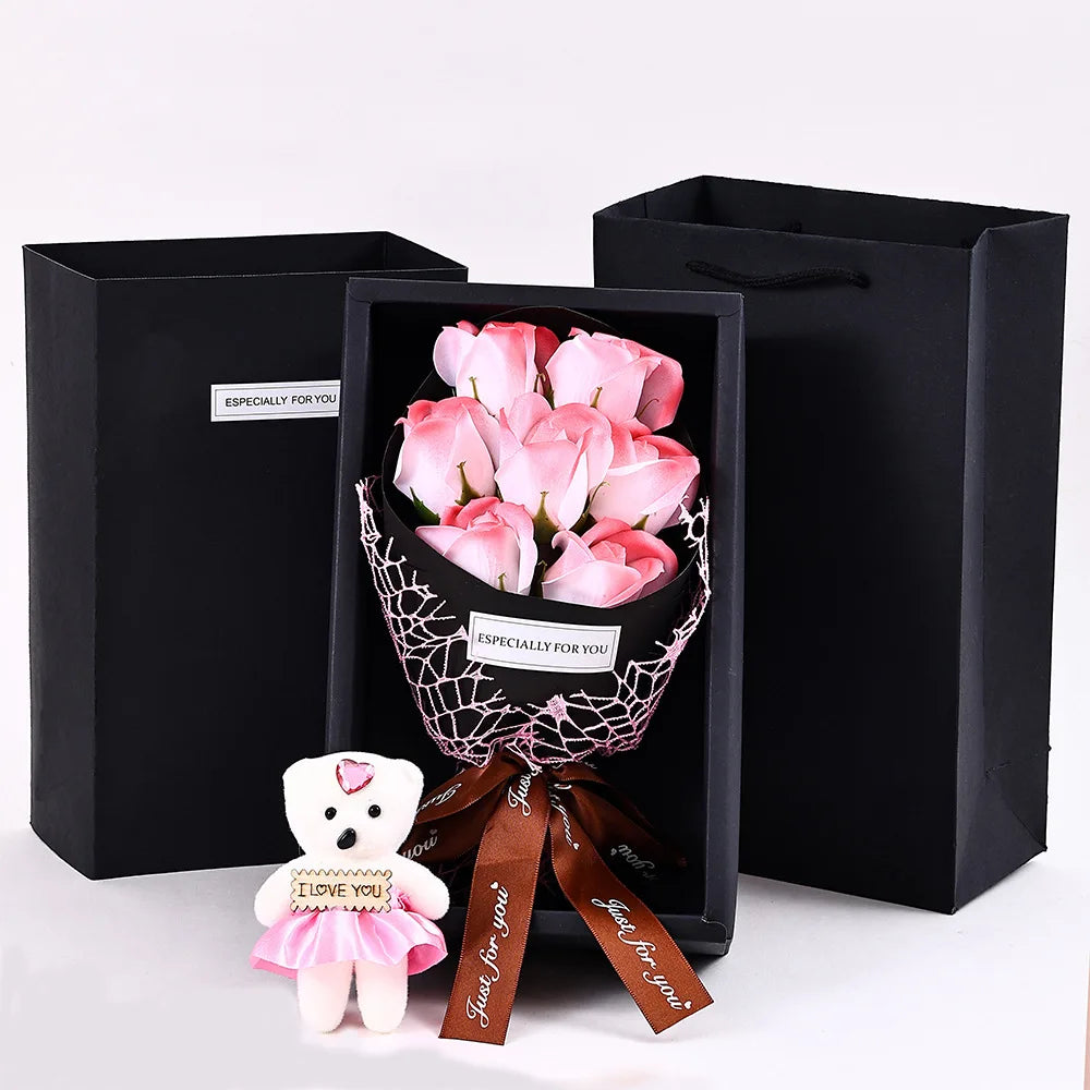 7-Head Rose Bouquet with Little Bear Gift Box Handmade Artificial Flowers for Valentine's Day and Special Occasions