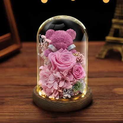 Eternal Preserved Rose Teddy Bear Gift Box with Lights