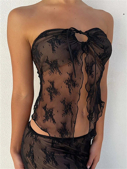 Lace Sheer Tube Tie Up Slit Top