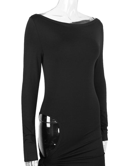 Long Sleeve Black Side Slit Hollow Tie Up Maxi Dress