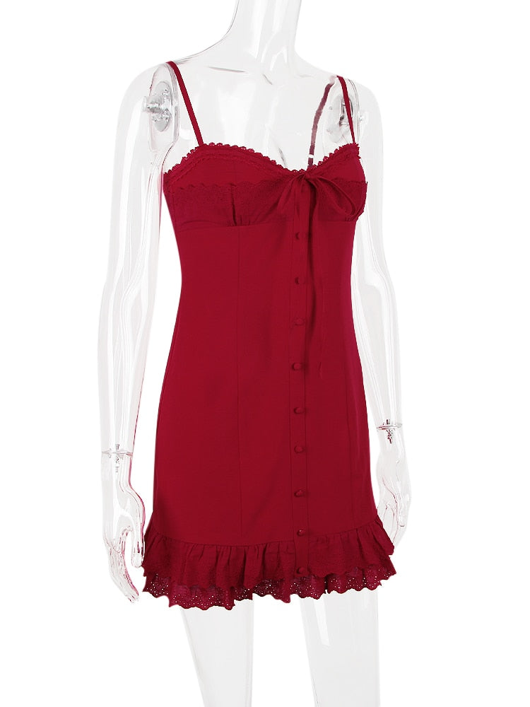 Red Lace Patchwork Buttoned Mini Dress