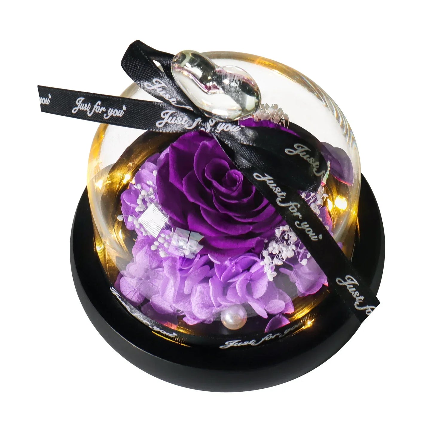 Forever Preserved Rose in Heart Glass Dome with LED Light for Valentine and Special Occasions