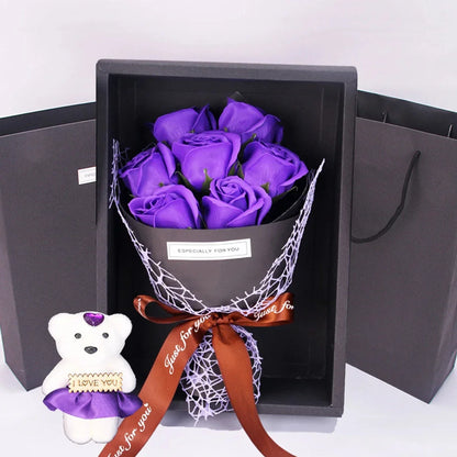 7-Rose Soap Bouquet with Little Bear Gift Box Handmade for Valentine's Day and Special Occasions
