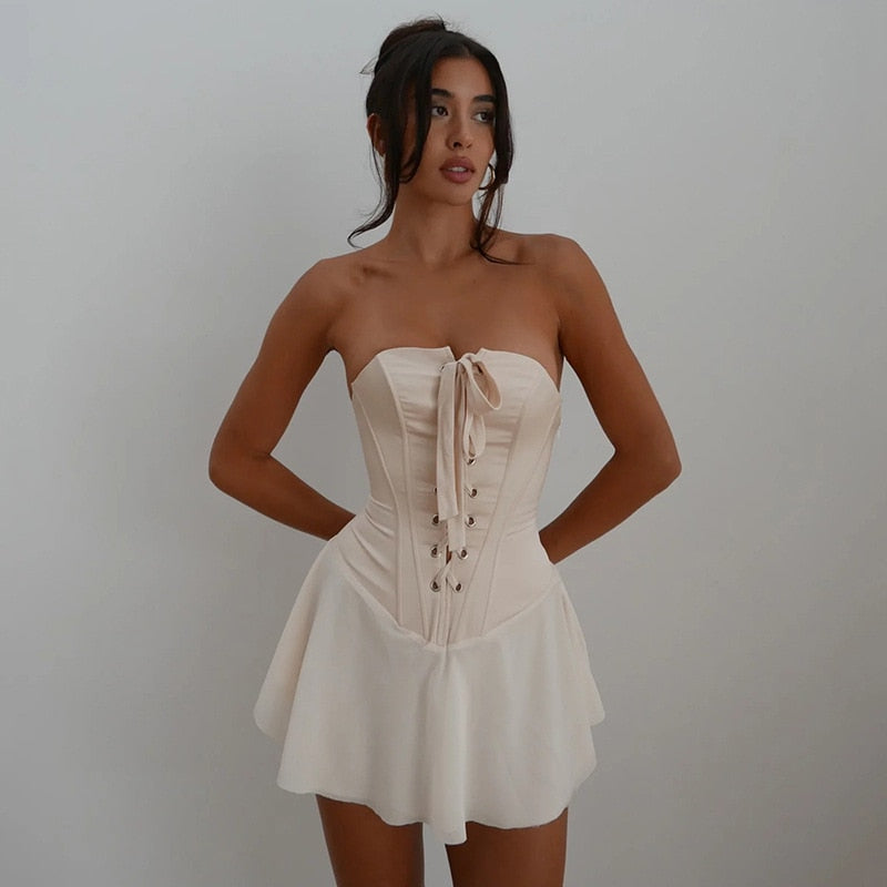 Corset Ribbon Tie-Up Frill Mini Dress