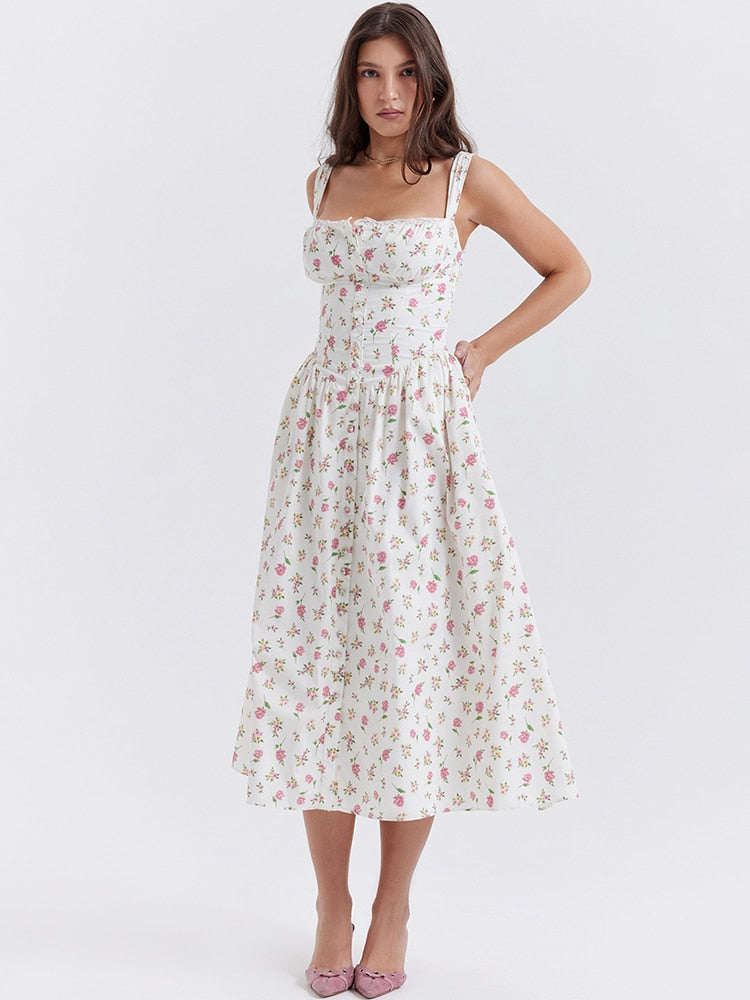 Strappy Corset Flowy Midi Dress With Pocket