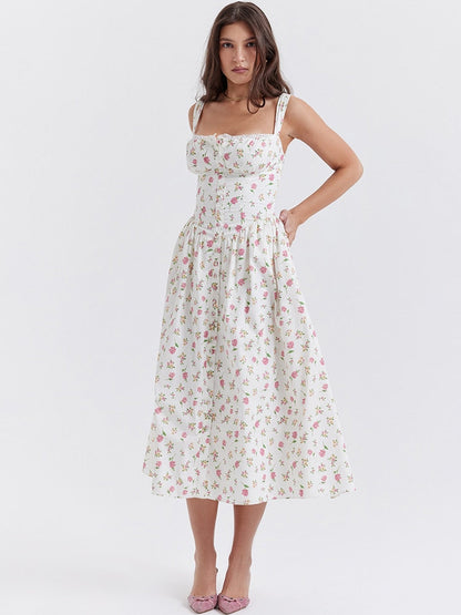 Strappy Corset Flowy Midi Dress With Pocket