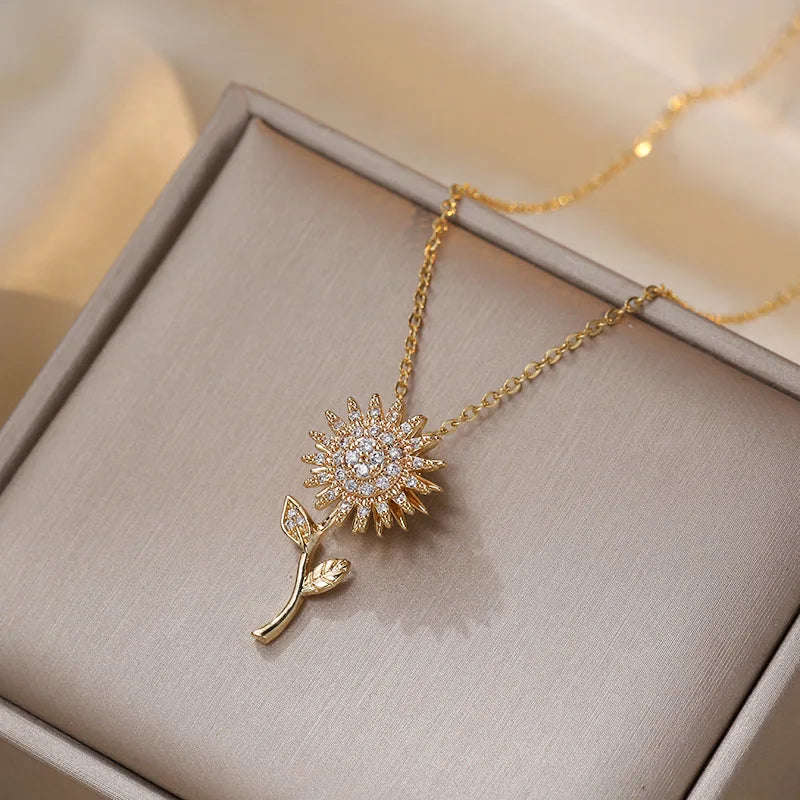 Double Layer Rotating Sunflower Stainless Steel Necklace