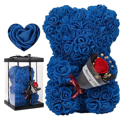 Rose Bear in Clear Box - Handmade Artificial Flower Gift for Valentine's Day, Birthday, or Special Occasion