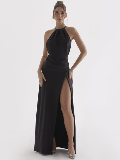 Satin Backless Halter Maxi Dress