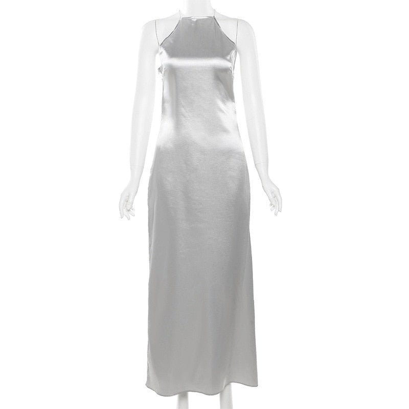 Halter Backless Satin Maxi Dress