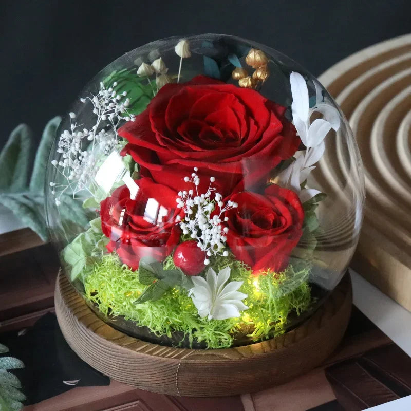 Preserved Red Rose and Carnation Dome with Wooden Base