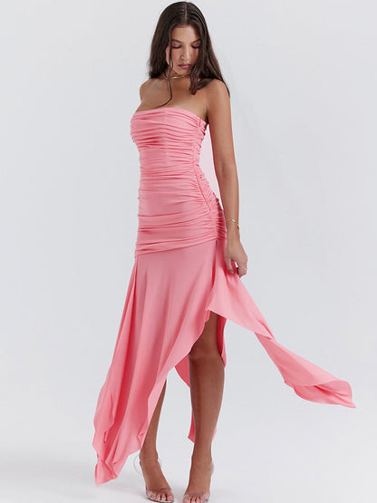 Pink Ruched Frill Tube Midi Dress