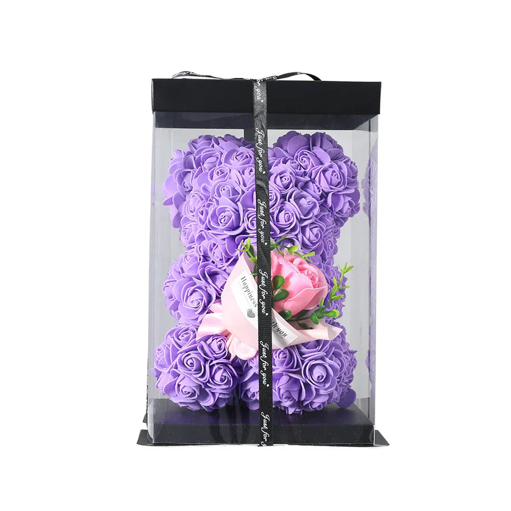 25cm Teddy Rose Bear with Lighted Box Artificial Flower Gift for Valentine's Day and Special Occasions