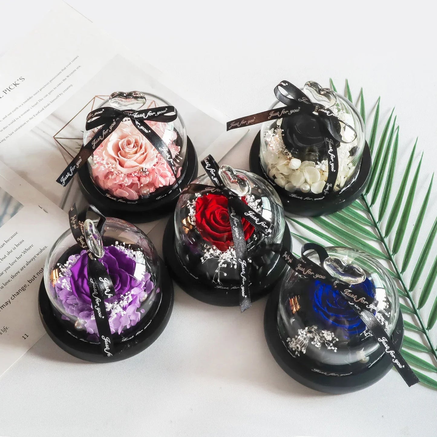 Forever Preserved Rose in Heart Glass Dome with LED Light for Valentine and Special Occasions