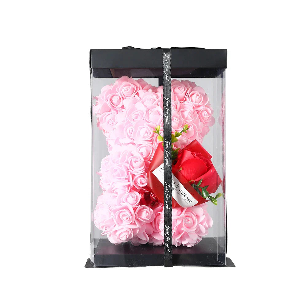 25cm Teddy Rose Bear with Lighted Box Artificial Flower Gift for Valentine's Day and Special Occasions