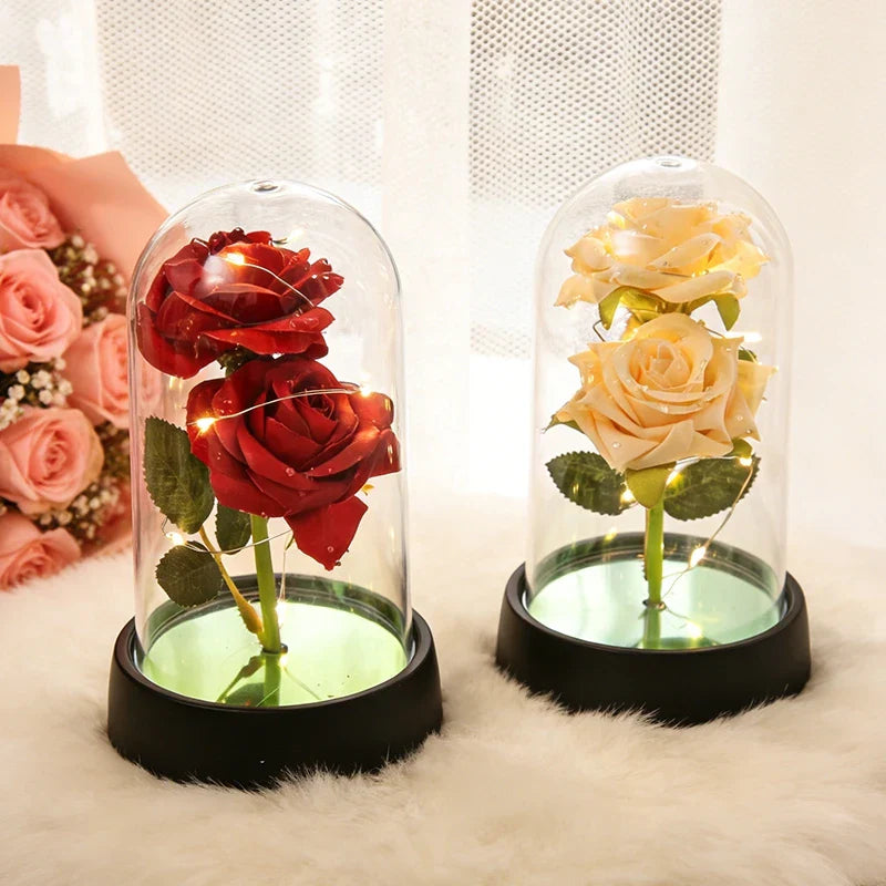 Eternal Rose in Glass Dome with LED Light - Romantic Gift for Valentine's Day, Christmas, or Birthday