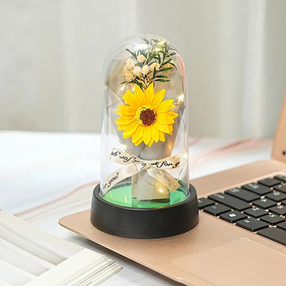 Everlasting Rose LED Glass Dome Bouquet Romantic Decorative Ornament for Valentine's Day and Home