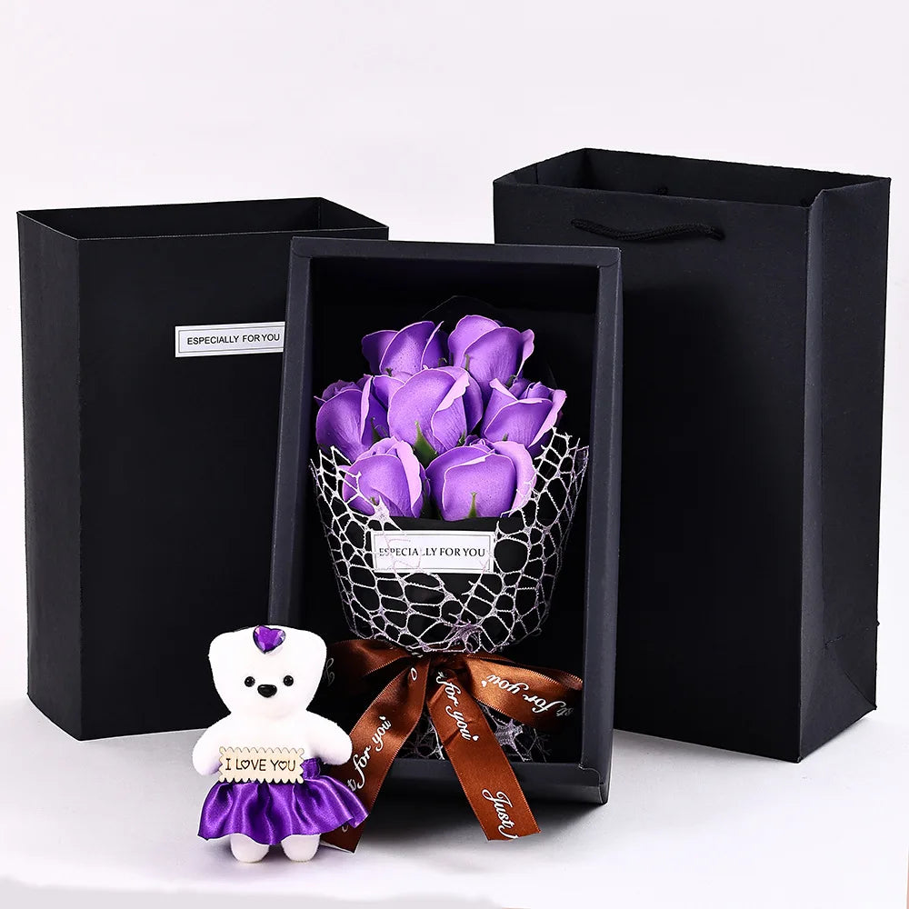 7-Head Rose Bouquet with Little Bear Gift Box Handmade Artificial Flowers for Valentine's Day and Special Occasions