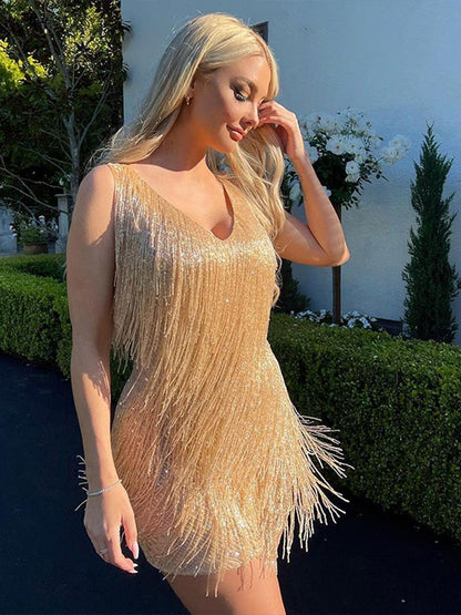 Layered Sequin Fringe Mini Dress