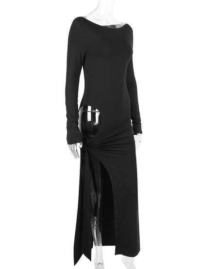 Long Sleeve Black Side Slit Hollow Tie Up Maxi Dress