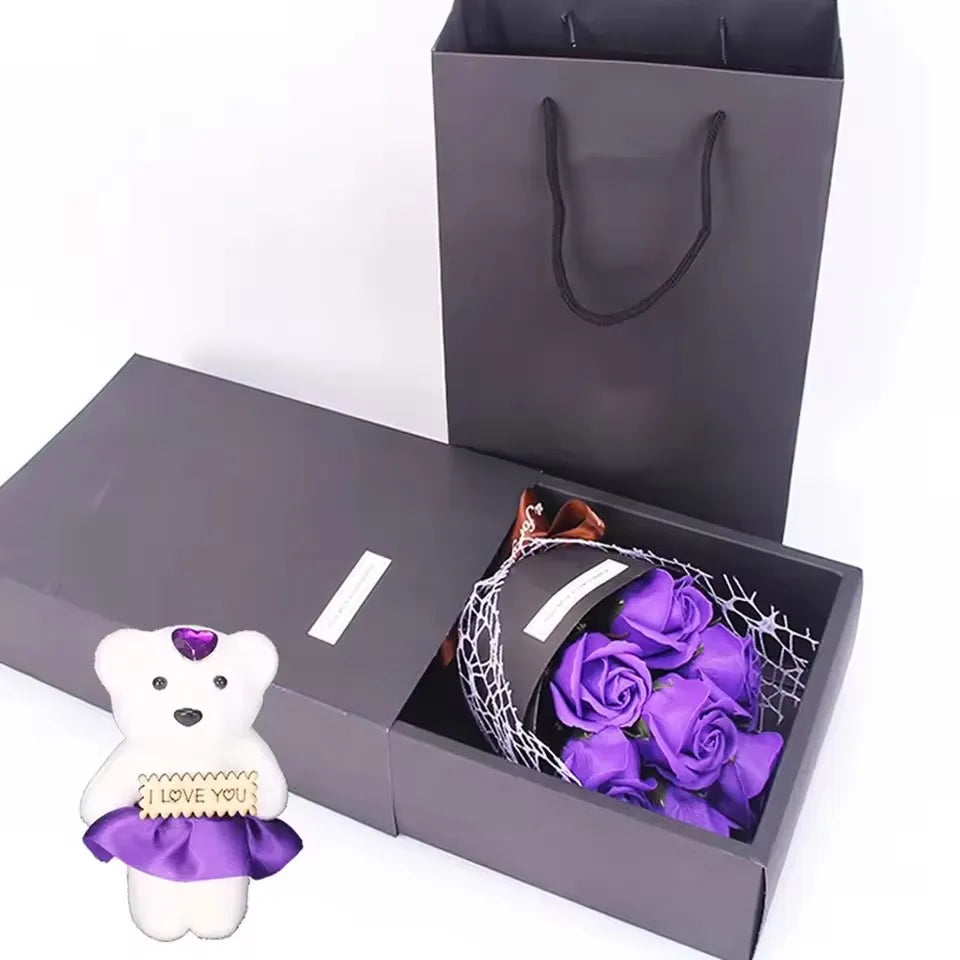 7-Rose Soap Bouquet with Little Bear Gift Box Handmade for Valentine's Day and Special Occasions
