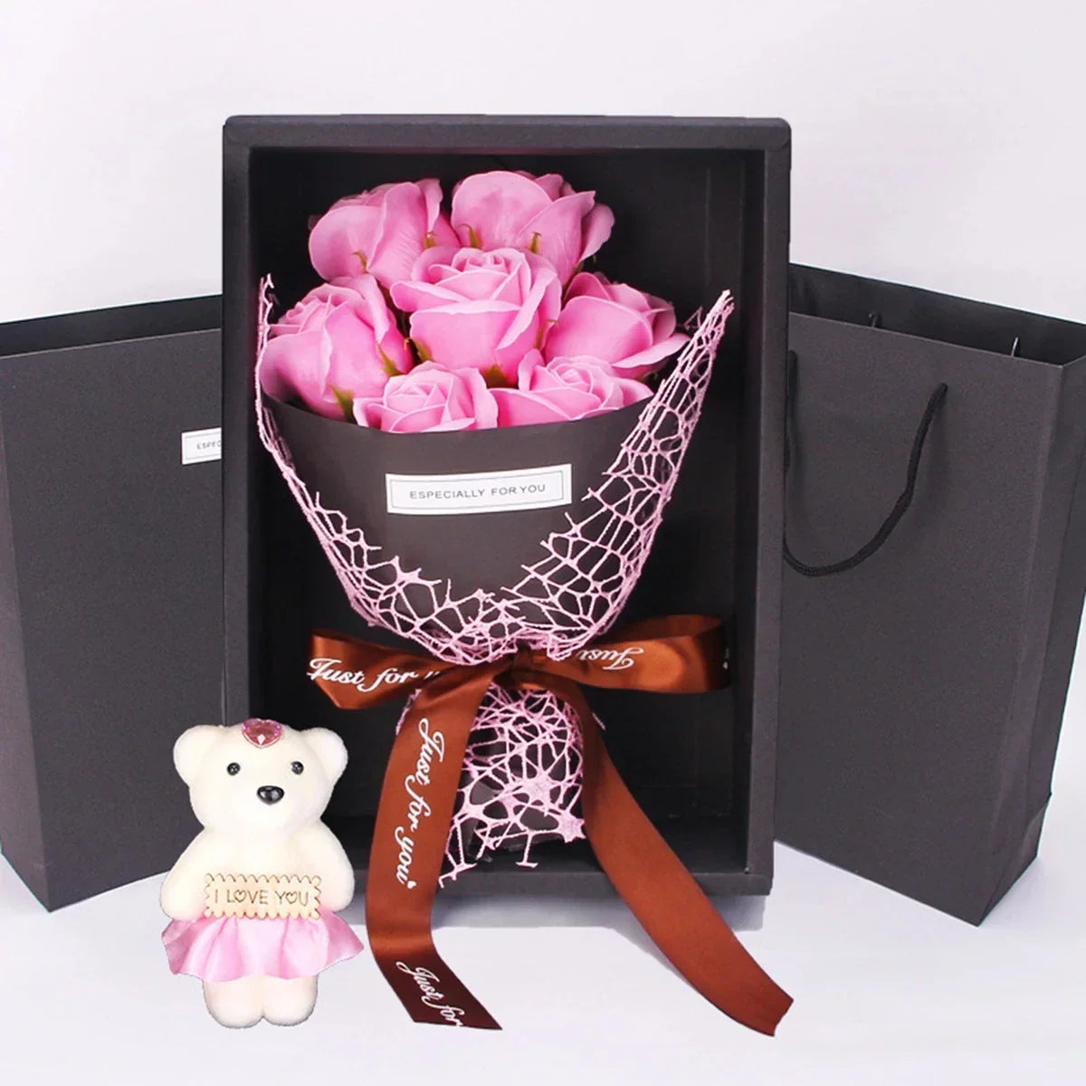 7-Rose Soap Bouquet with Little Bear Gift Box Handmade for Valentine's Day and Special Occasions