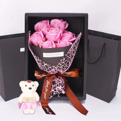 7-Rose Soap Bouquet with Little Bear Gift Box - Creative Gift for Valentine's Day, Mother's Day, Birthday