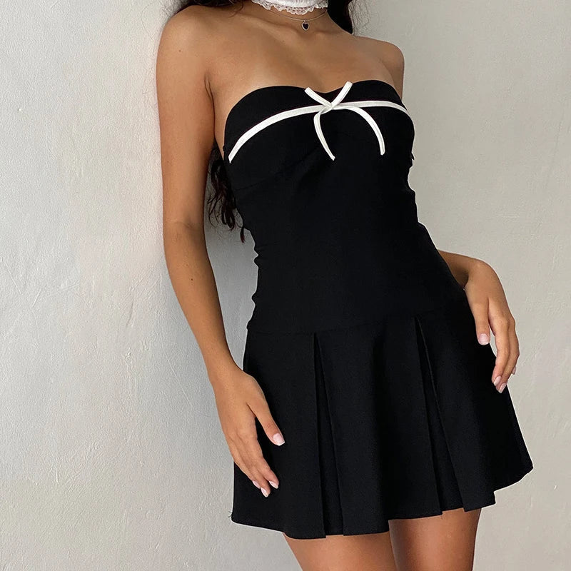 Black Tube Strappy Bow Design Mini Dress