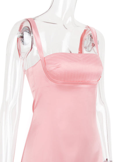 Pink Satin Square Neck Strap Mini Dress