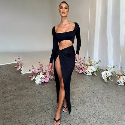 Long Sleeve Cut Out High Split Maxi Dress