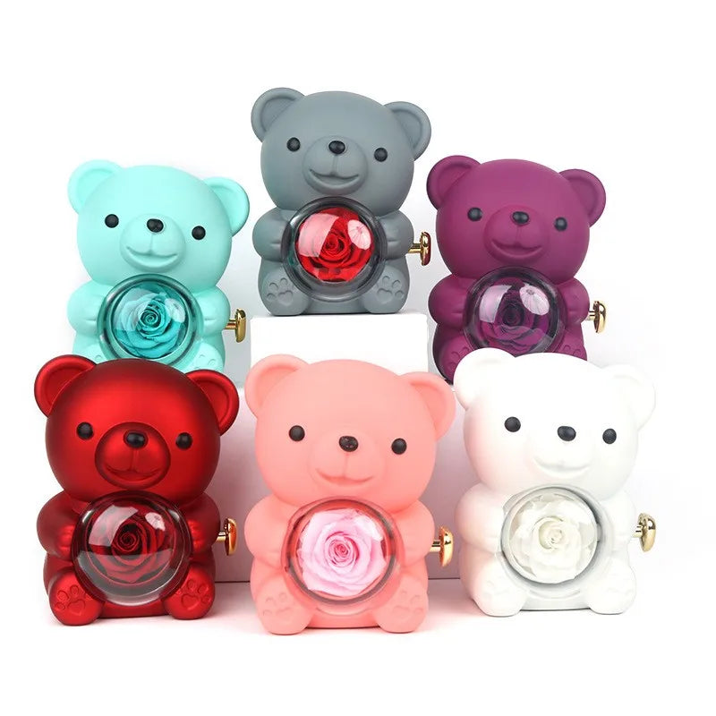 Teddy Bear Rose Jewelry Gift Box with Rotating Necklace Case