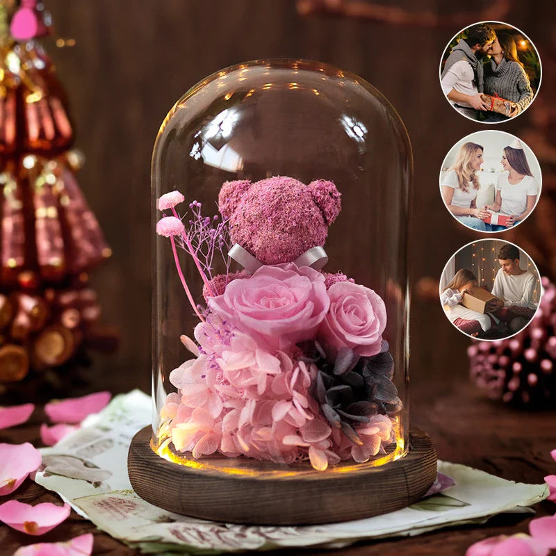 Eternal Preserved Rose Teddy Bear Gift Box with Lights