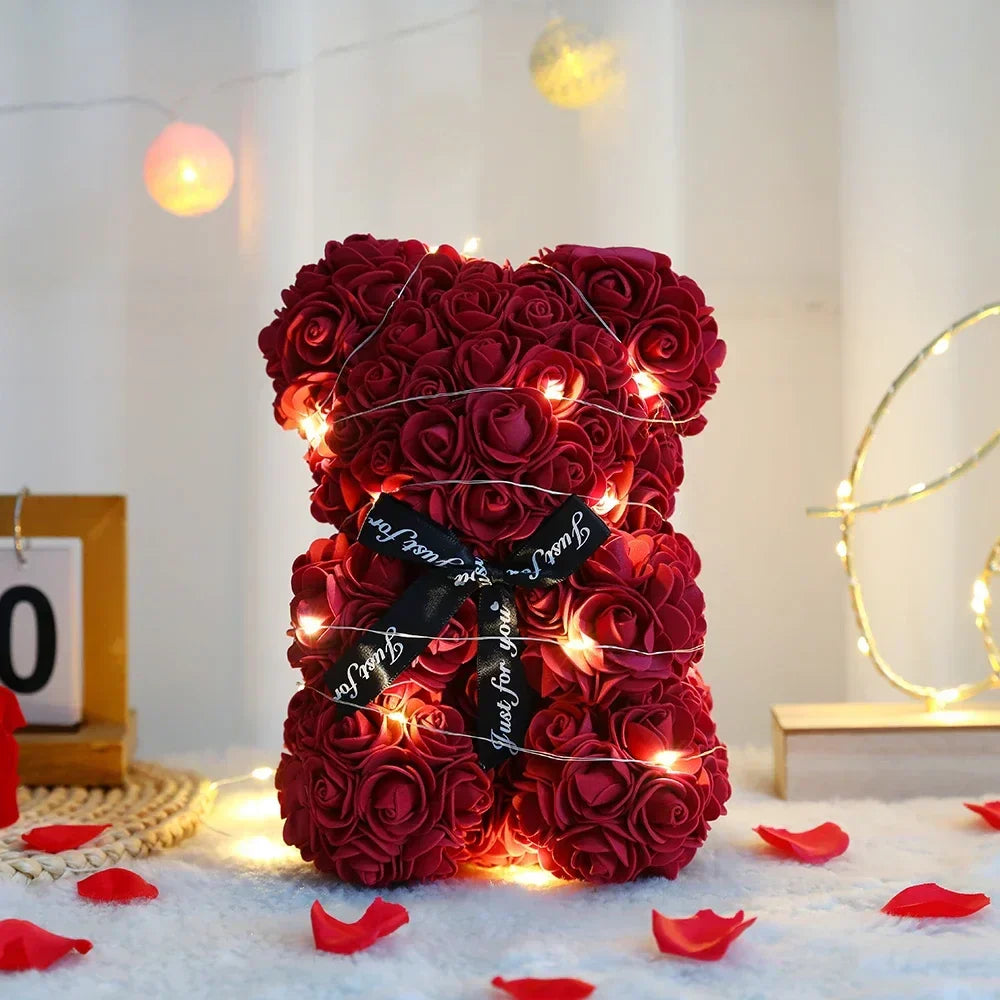 Eternal Rose Teddy Bear 25cm with Gift Box and Warm Lights