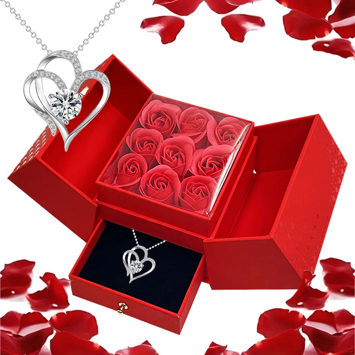 Heart-Shaped Pendant Necklace with Red Rose Gift Box