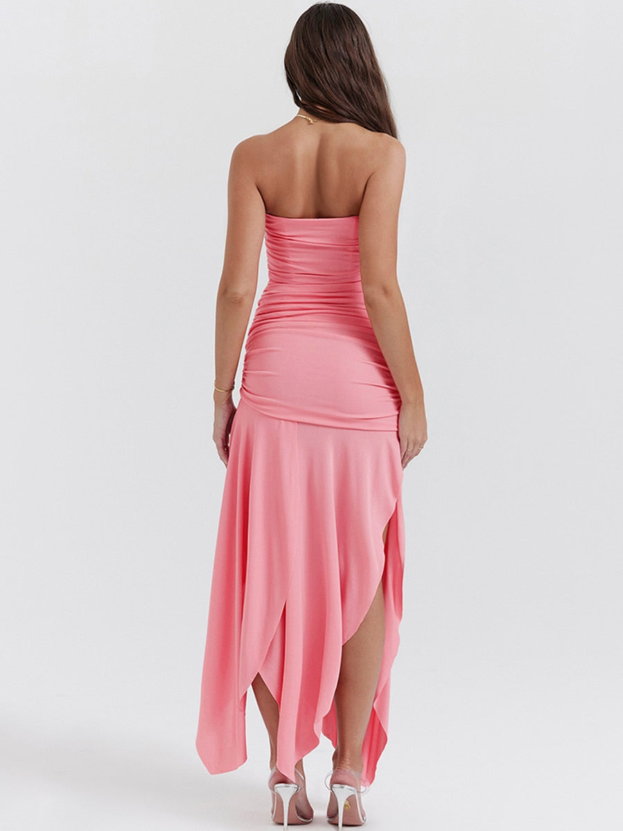 Pink Ruched Frill Tube Midi Dress