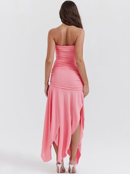 Pink Ruched Frill Tube Midi Dress