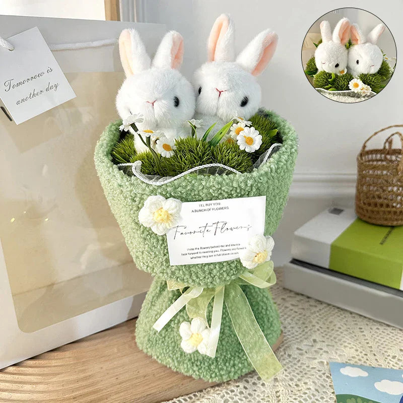 Rabbit Plush Doll with Crochet Flower Bouquet Gift