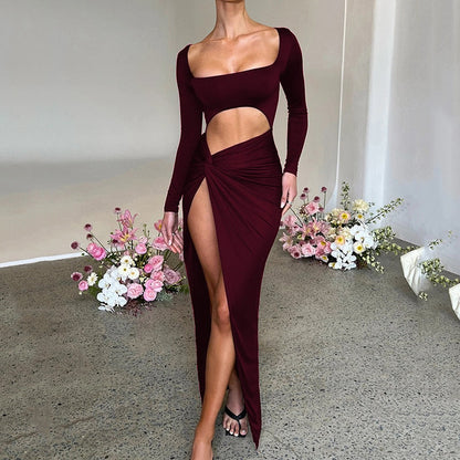 Long Sleeve Cut Out High Split Maxi Dress